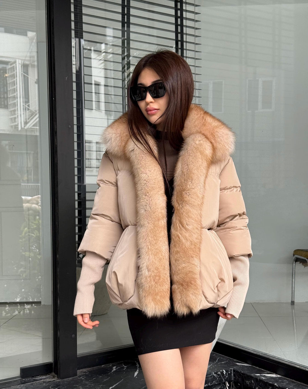 Beige Puffer Coat, Women’s Handmade Short Front Fox Fur Jacket