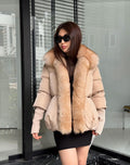 Beige Puffer Coat, Women’s Handmade Short Front Fox Fur Jacket
