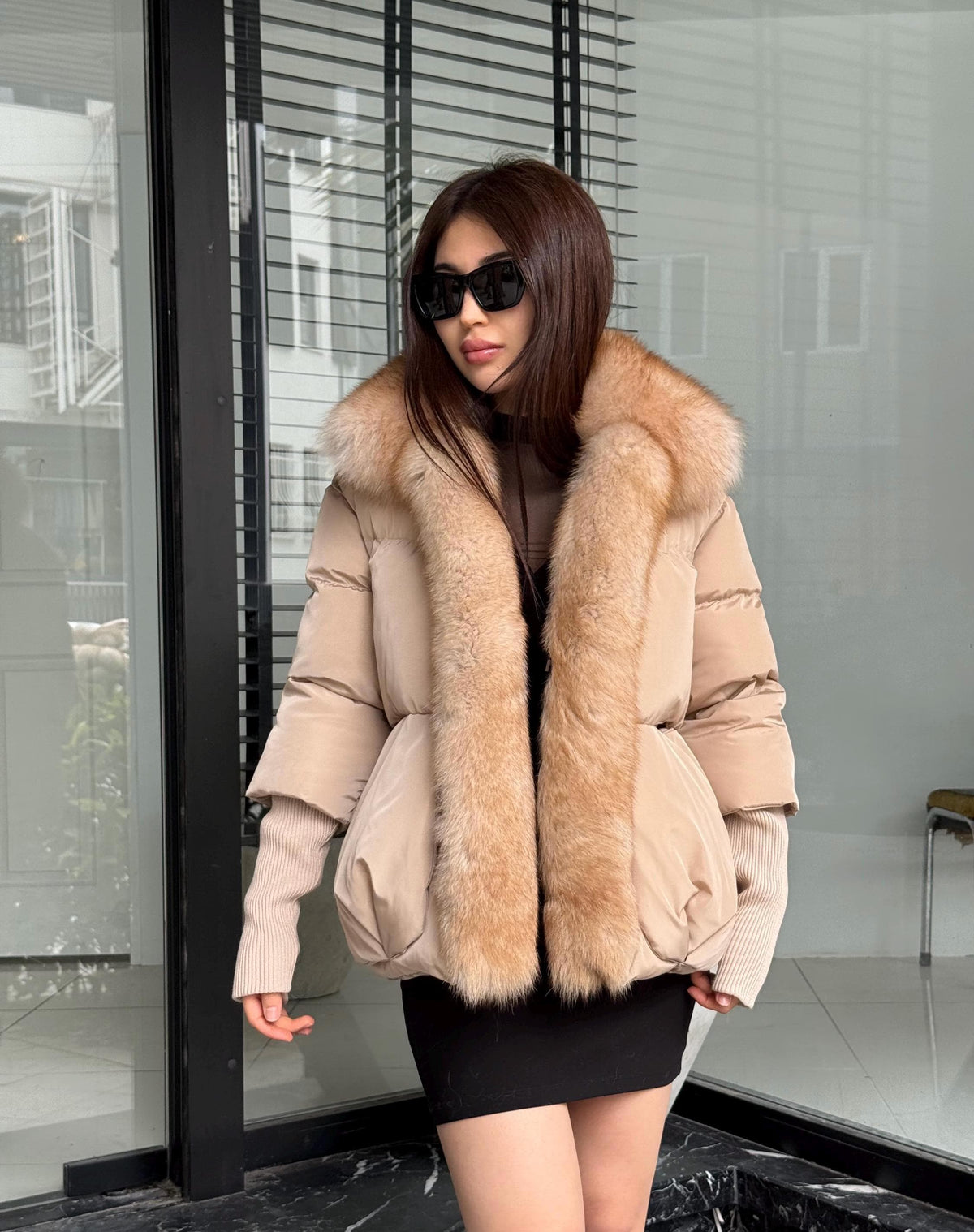 Beige Puffer Coat, Women’s Handmade Short Front Fox Fur Jacket