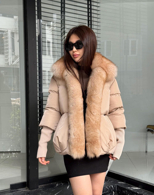 Beige Puffer Coat, Women’s Handmade Short Front Fox Fur Jacket