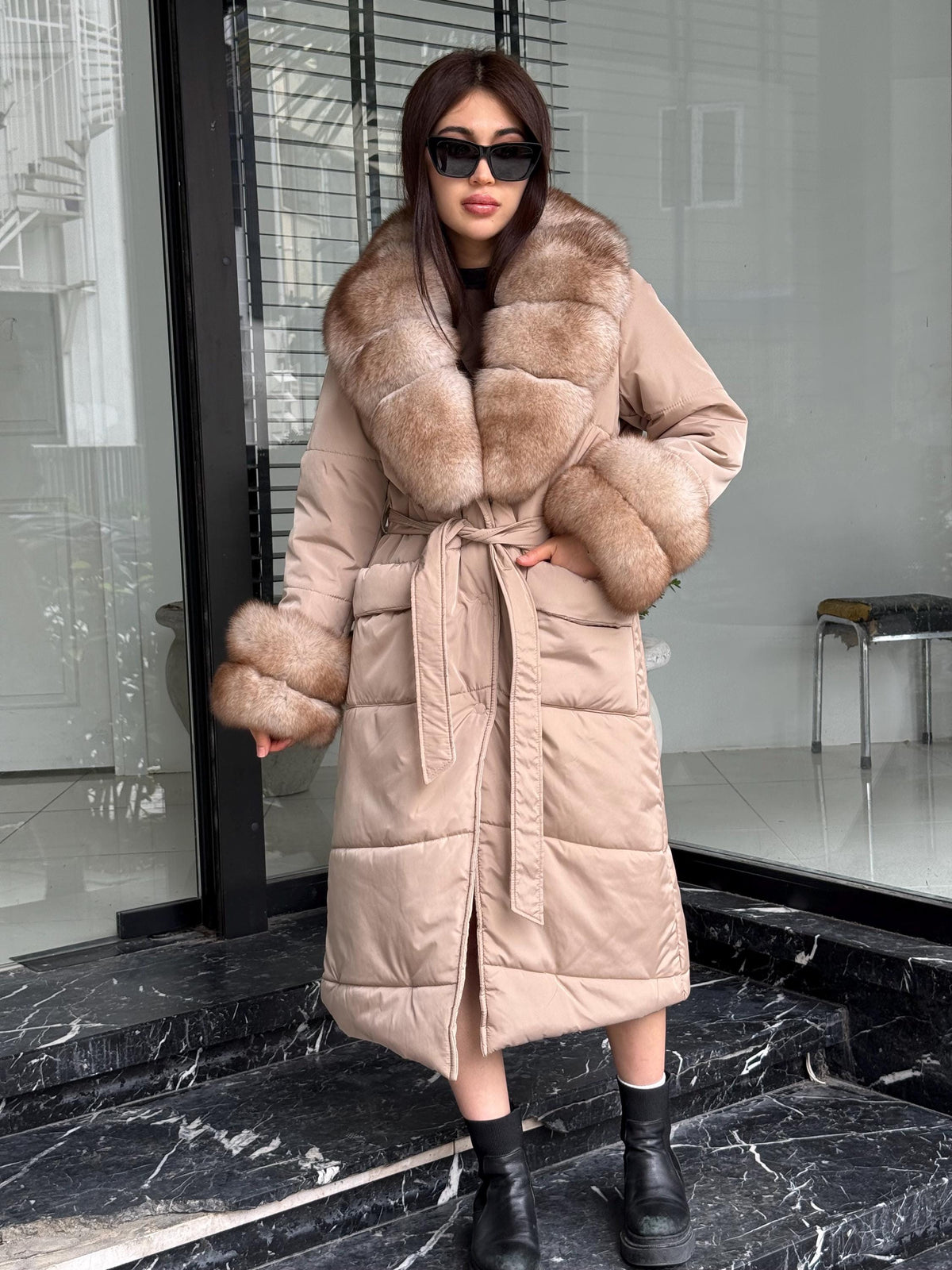 Beige Puffer Coat, Women’s Handmade Long Collar Cuffs Fox Fur Jacket