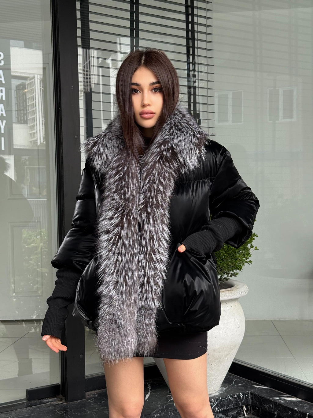 Glam Black Puffer Coat, Women’s Handmade Short Front Fox Fur Jacket