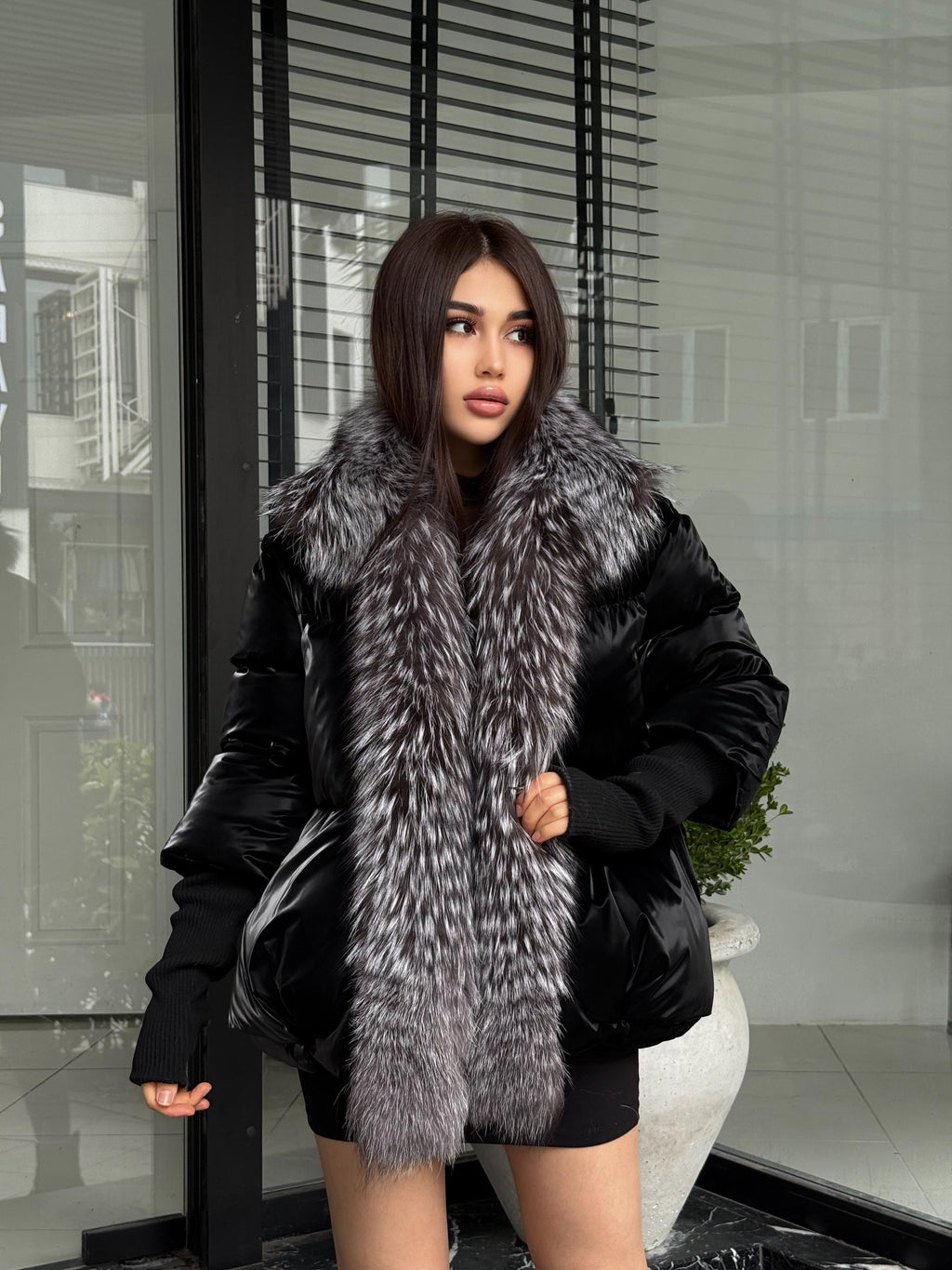 Glam Black Puffer Coat, Women’s Handmade Short Front Fox Fur Jacket