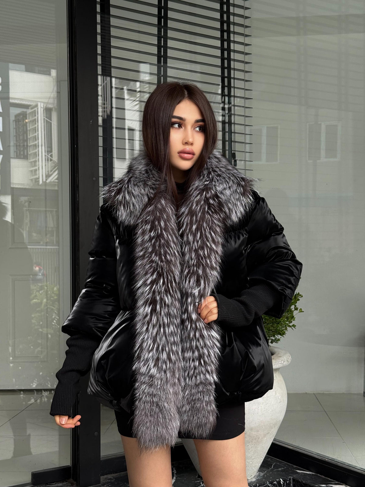 Glam Black Puffer Coat, Women’s Handmade Short Front Fox Fur Jacket