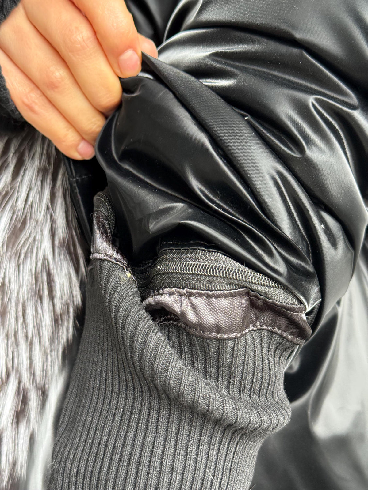 Glam Black Puffer Coat, Women’s Handmade Short Front Fox Fur Jacket