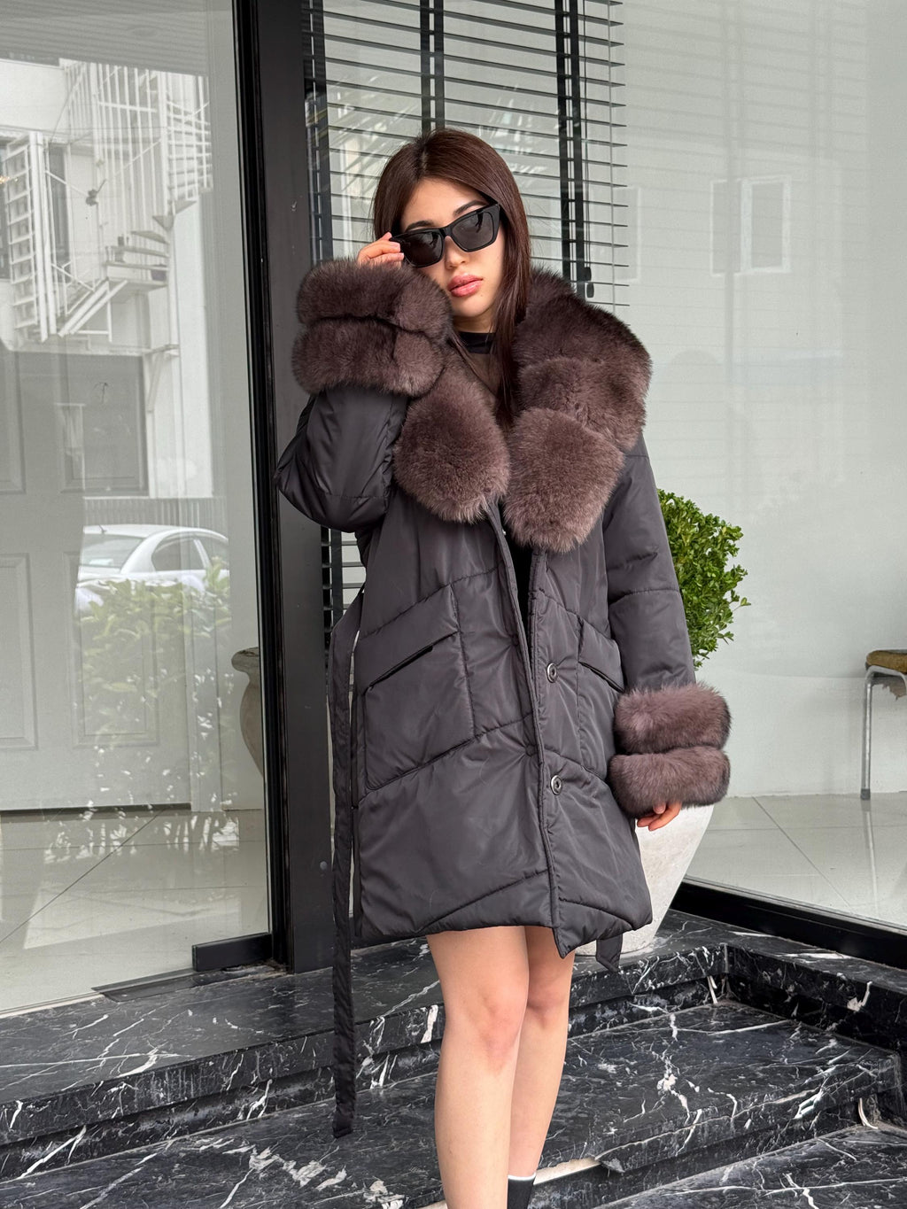 Black Puffer Coat, Women’s Handmade Short Collar Cuffs Fox Fur Jacket
