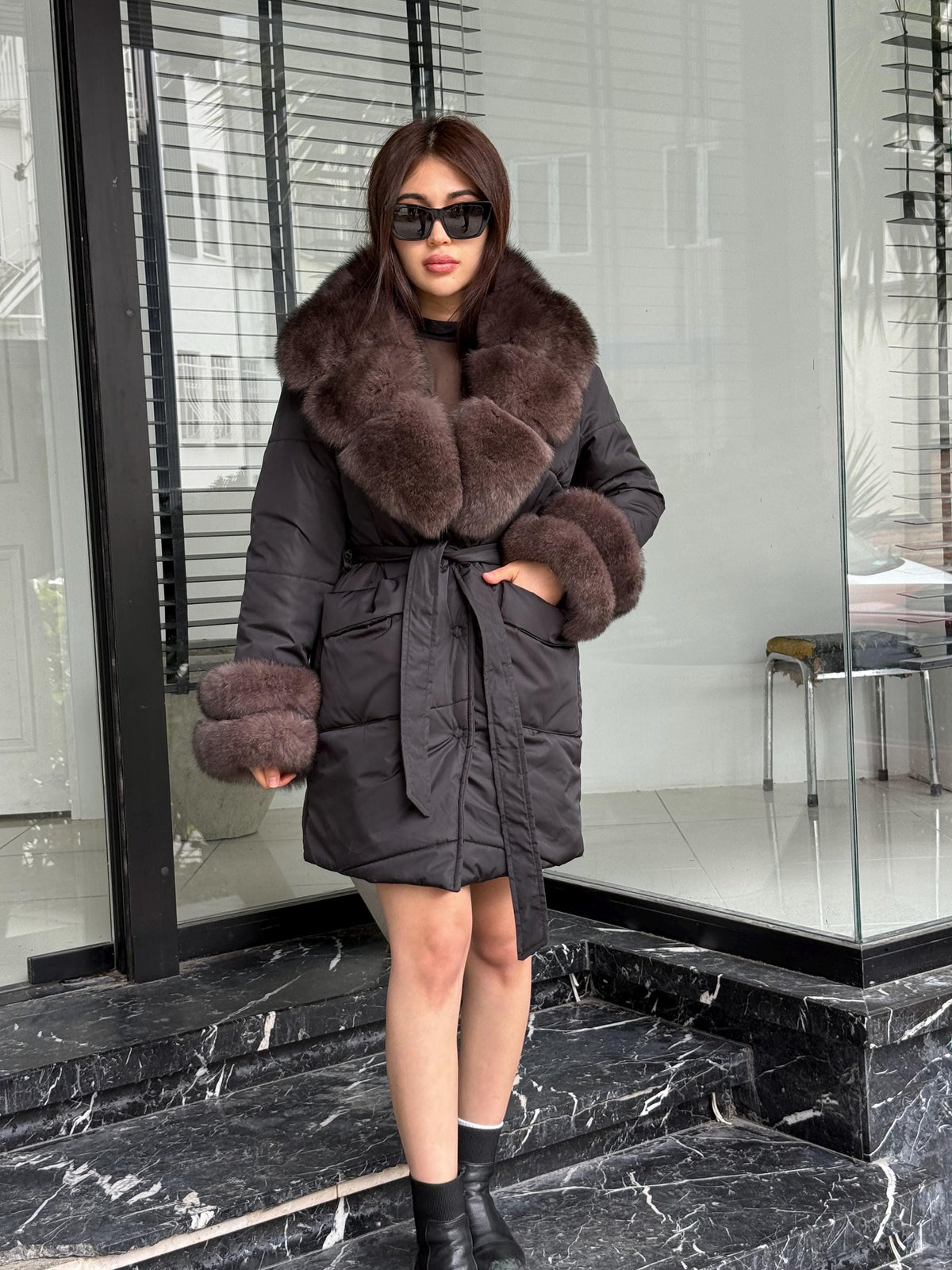 Black Puffer Coat, Women’s Handmade Short Collar Cuffs Fox Fur Jacket