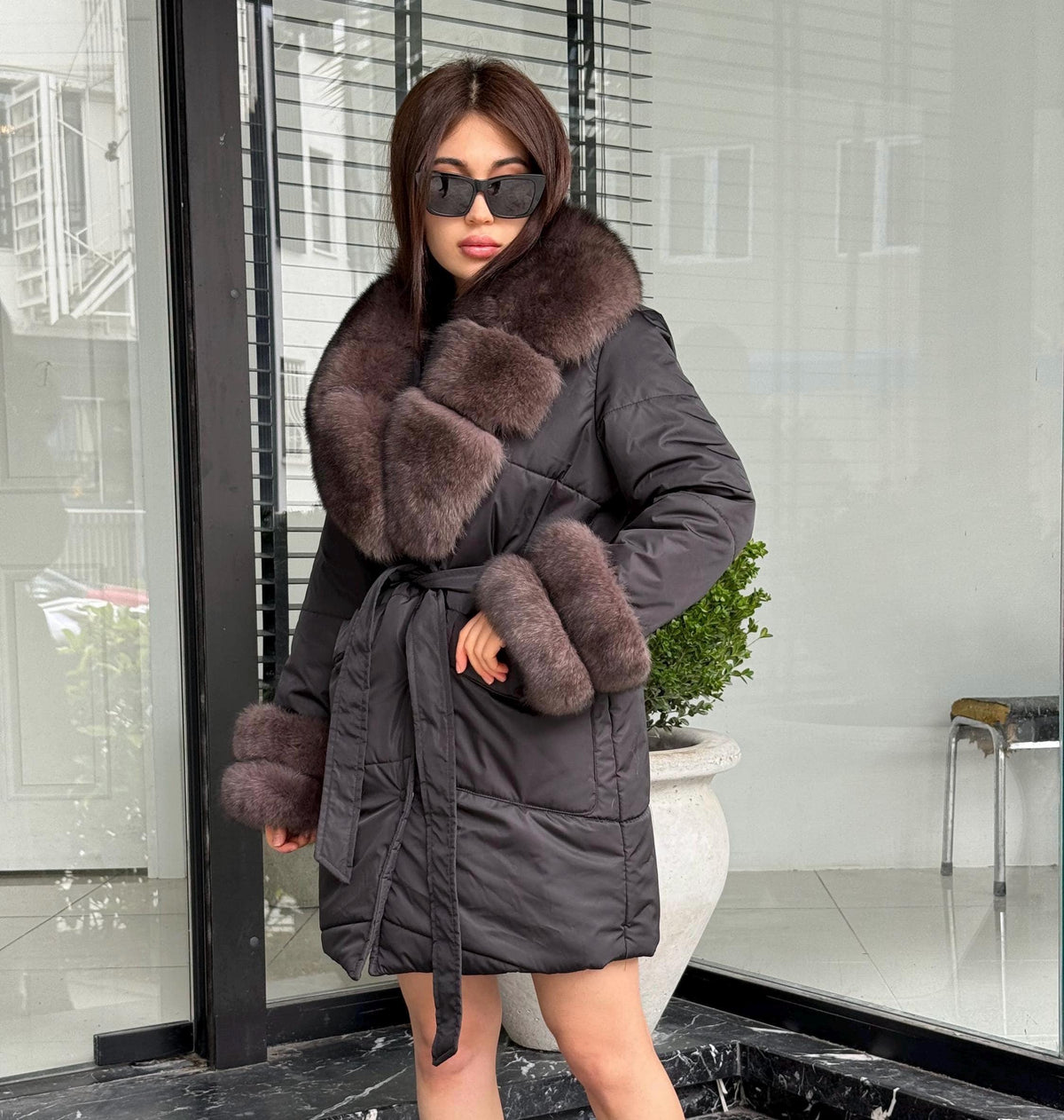 Black Puffer Coat, Women’s Handmade Short Collar Cuffs Fox Fur Jacket