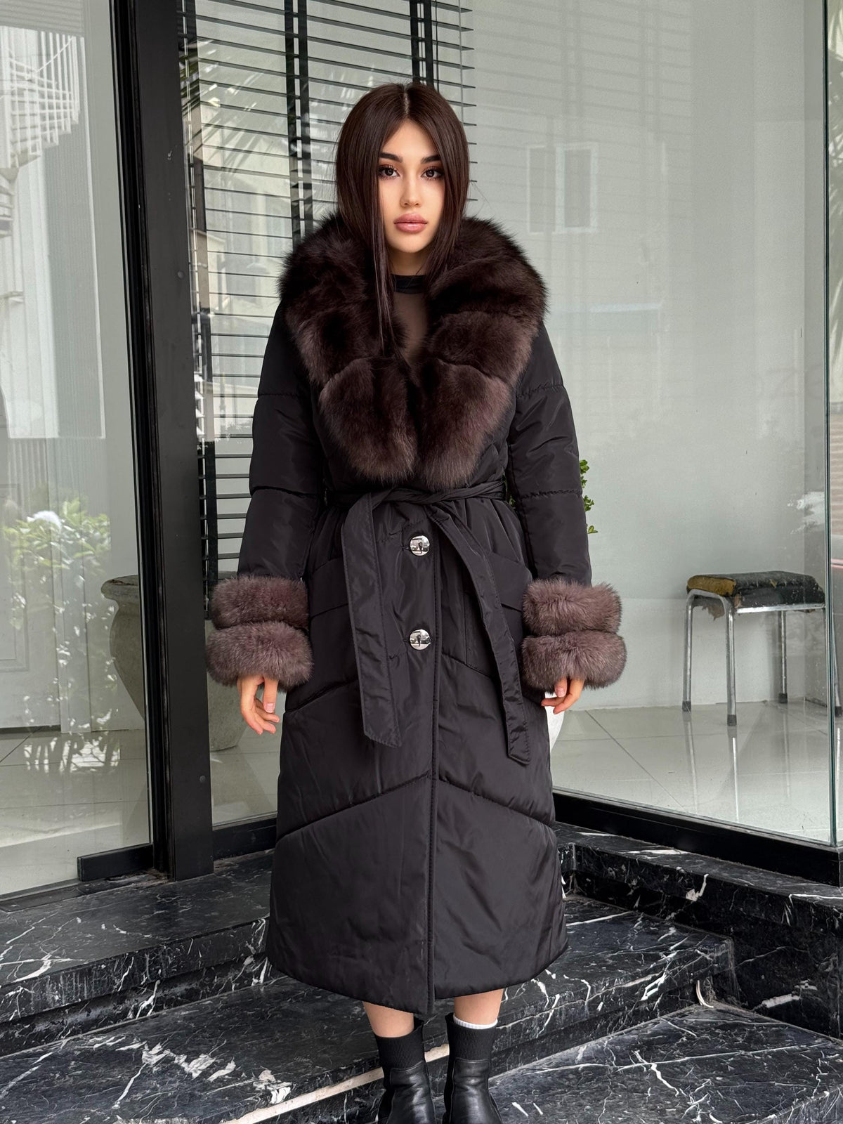 Black Puffer Coat, Women’s Handmade Long Collar Cuffs Fox Fur Jacket