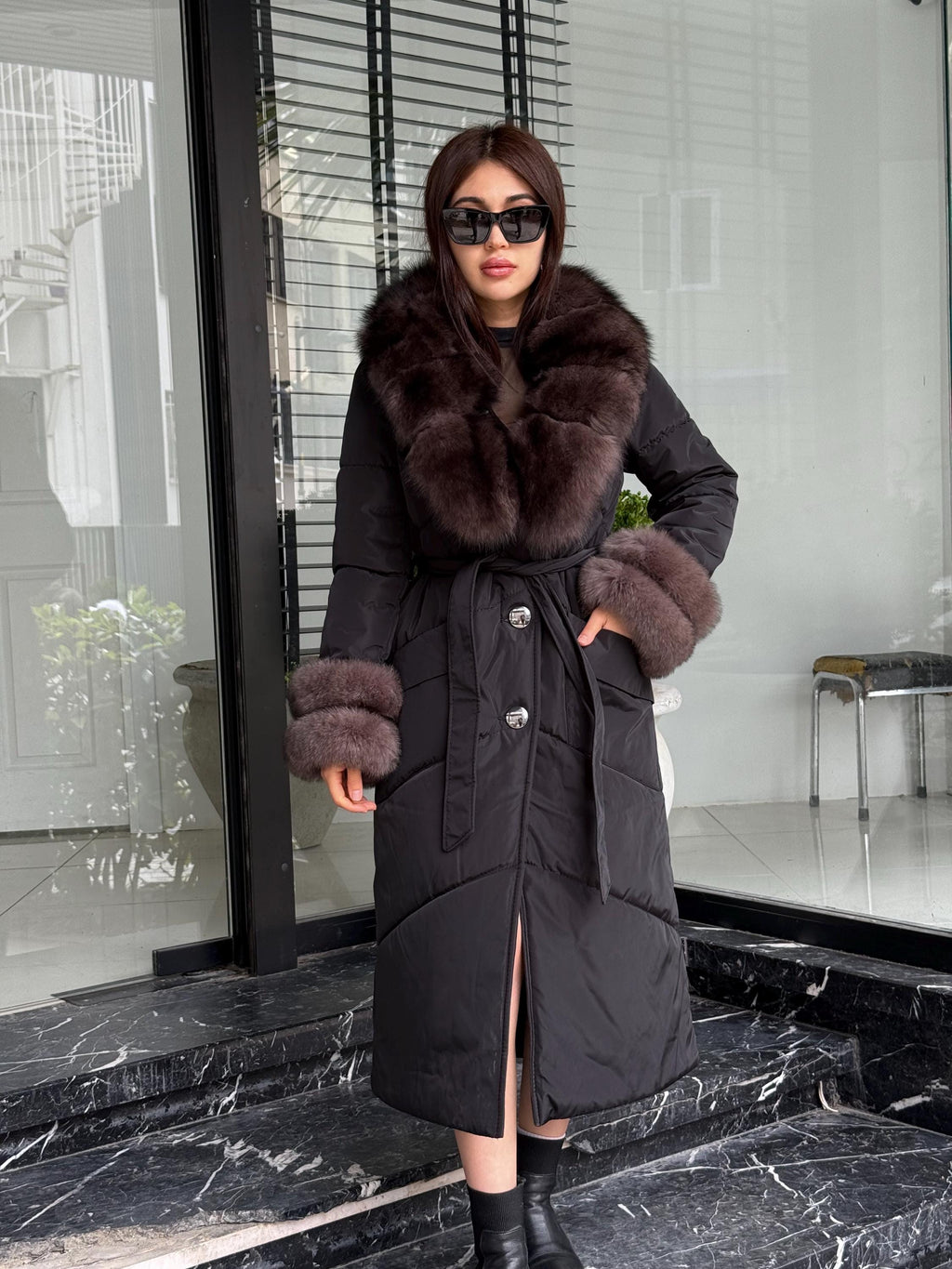 Black Puffer Coat, Women’s Handmade Long Collar Cuffs Fox Fur Jacket