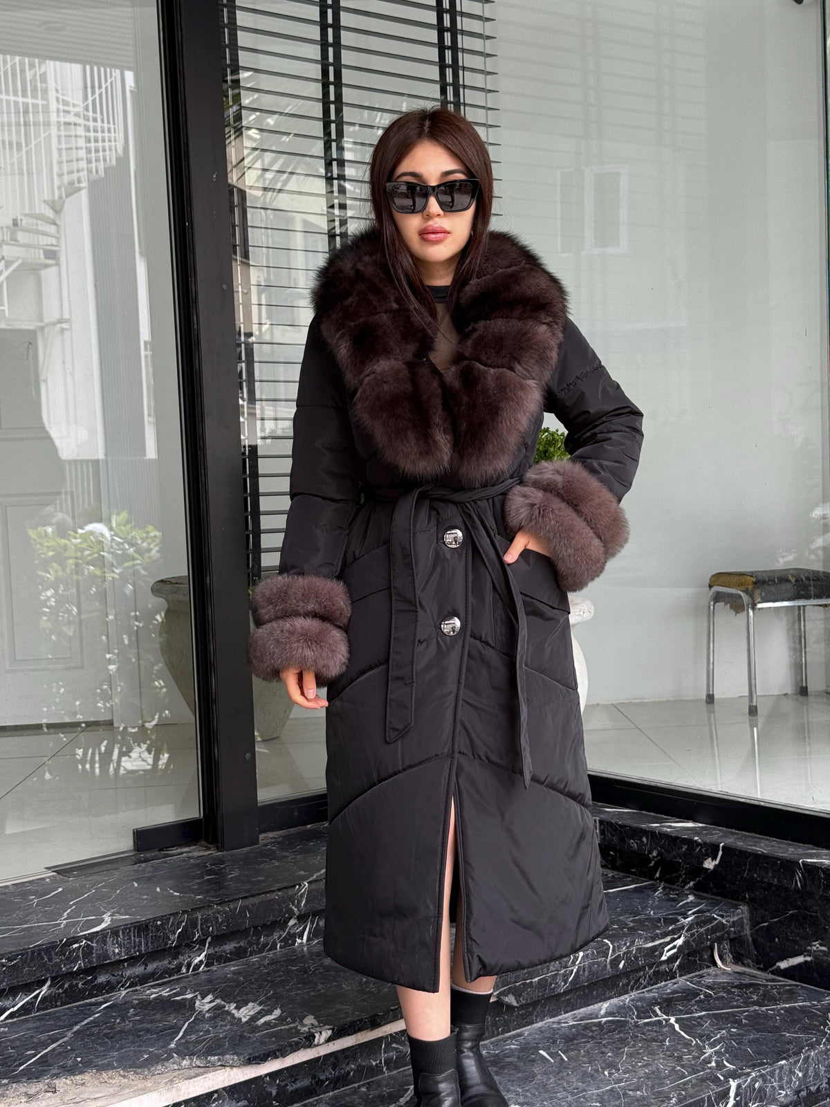 Black Puffer Coat, Women’s Handmade Long Collar Cuffs Fox Fur Jacket