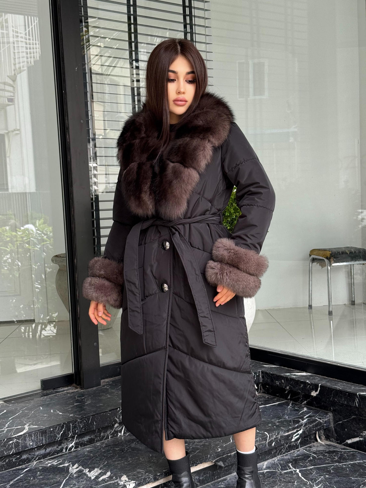 Black Puffer Coat, Women’s Handmade Long Collar Cuffs Fox Fur Jacket
