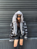 Women’s Silver Fox Fur Jacket, Luxury Handmade Frost Fox Fur Coat