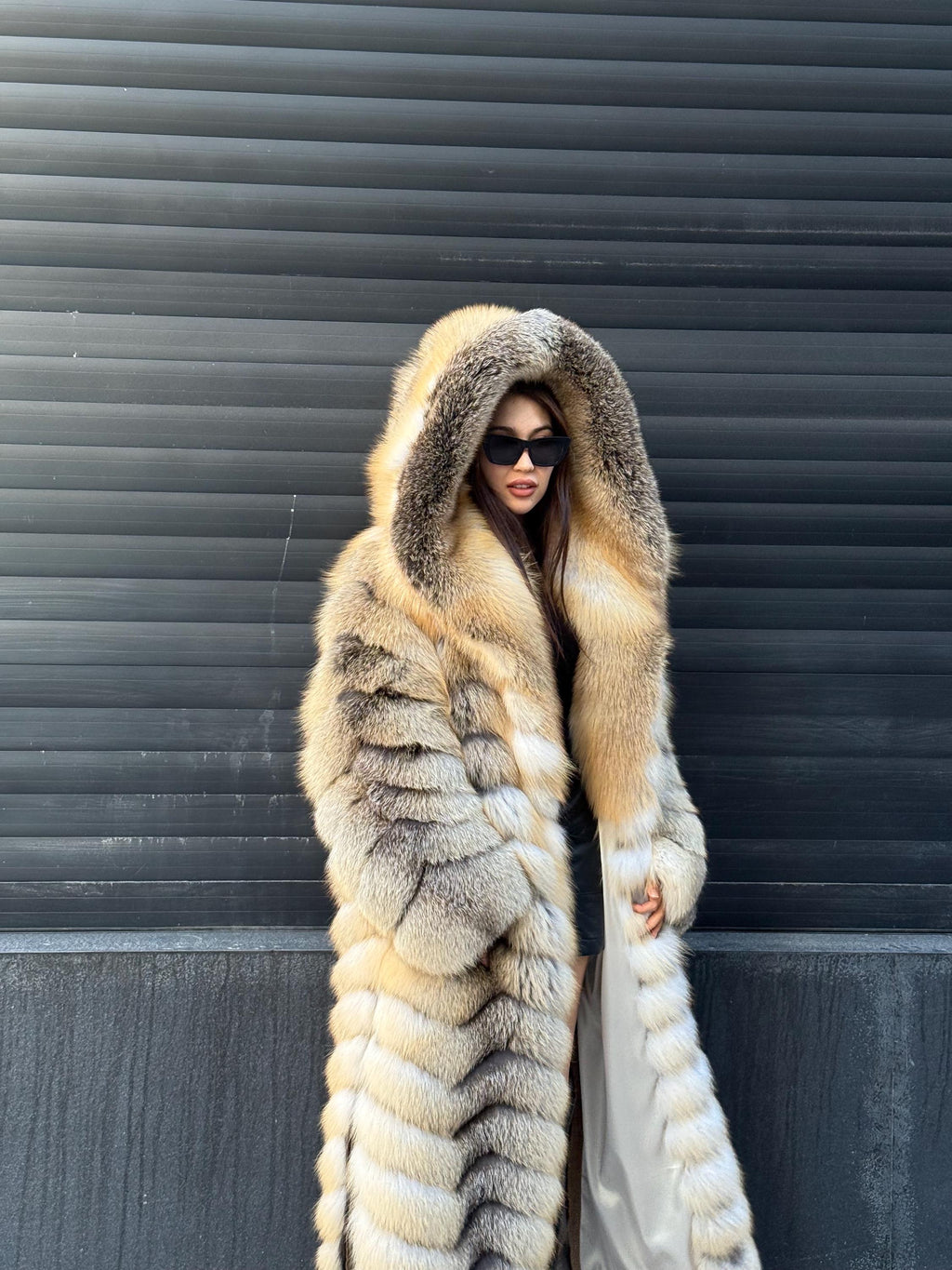 Luxury Long Gold Fox Fur Coat, Unisex Hooded Detachable Sleeves..- Fox Fur Jacket, Fox Coat Men, Women Fox Fur Jacket