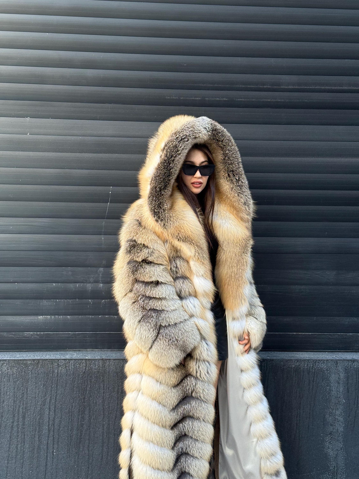Luxury Long Gold Fox Fur Coat, Unisex Hooded Detachable Sleeves..- Fox Fur Jacket, Fox Coat Men, Women Fox Fur Jacket