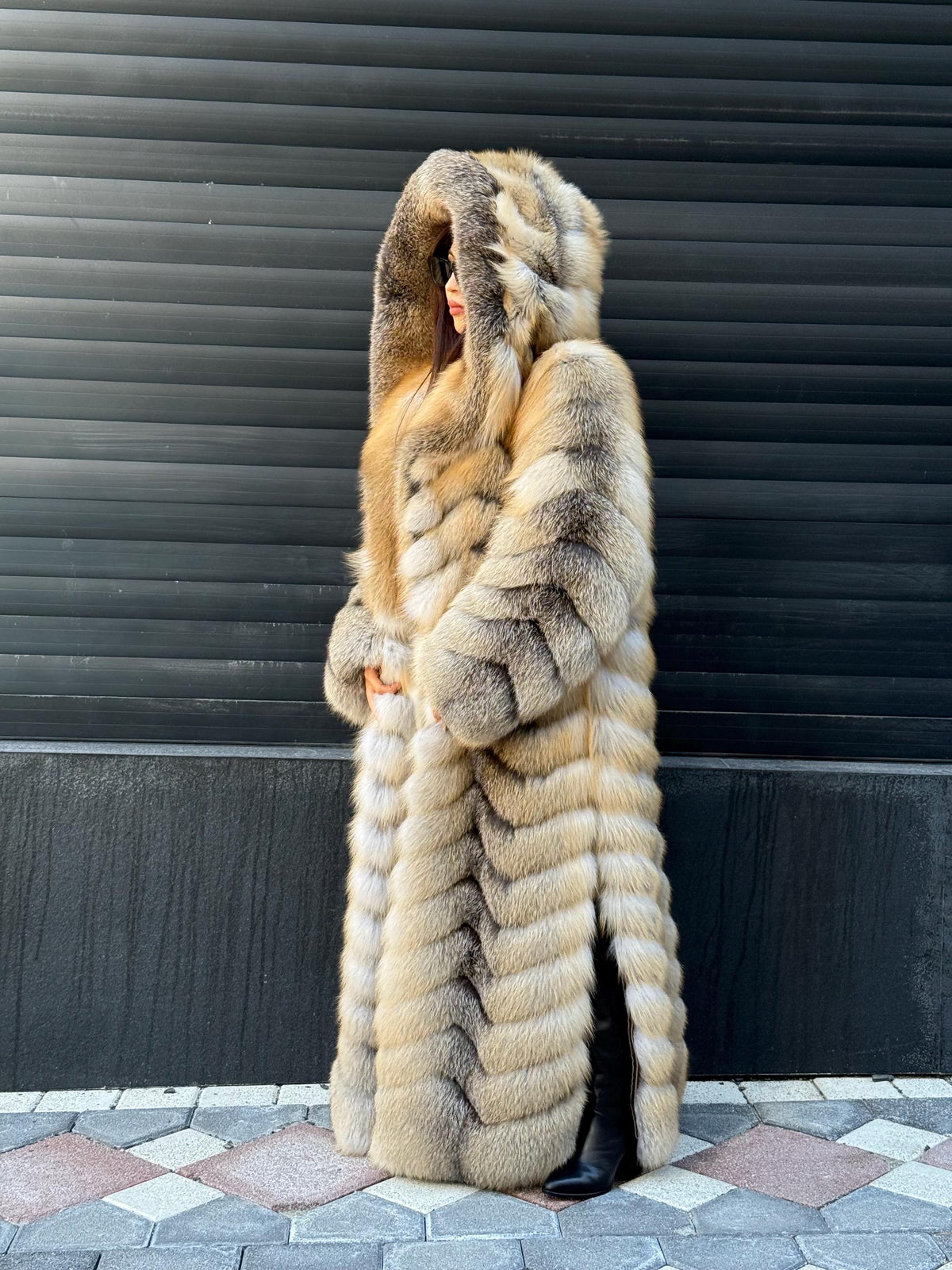 Luxury Long Gold Fox Fur Coat, Unisex Hooded Detachable Sleeves..- Fox Fur Jacket, Fox Coat Men, Women Fox Fur Jacket