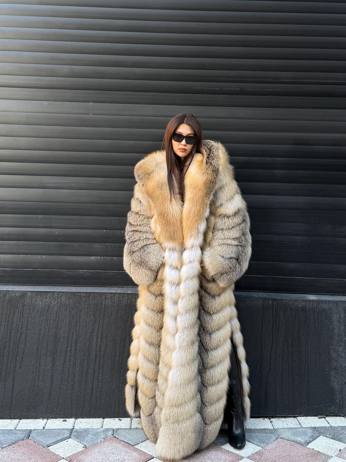 Luxury Long Gold Fox Fur Coat, Unisex Hooded Detachable Sleeves..- Fox Fur Jacket, Fox Coat Men, Women Fox Fur Jacket
