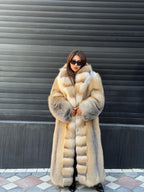 Luxury Long Gold Fox Fur Coat, Unisex Handmade Premium Fur Jacket