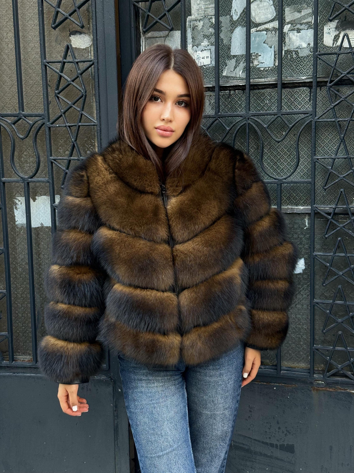 Women’s Brown Fox Fur Jacket, Handmade Short Luxury Sable Color Fur Coat