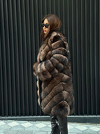 Brown Long Fox Fur Coat | 2 in 1 Handmade Fur Jacket & Vest With Removable Sleeves