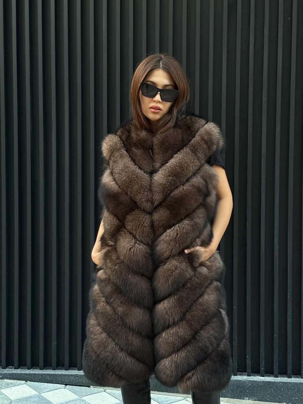 Brown Long Fox Fur Coat | 2 in 1 Handmade Fur Jacket & Vest With Removable Sleeves