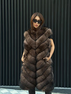 Brown Long Fox Fur Coat | 2 in 1 Handmade Fur Jacket & Vest With Removable Sleeves