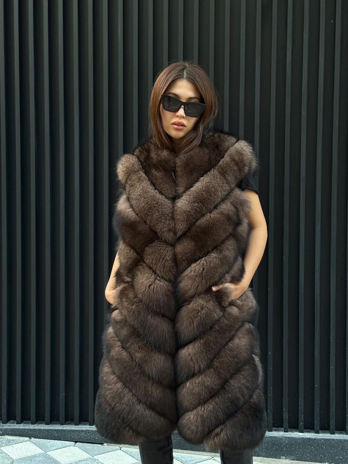 Brown Long Fox Fur Coat | 2 in 1 Handmade Fur Jacket & Vest With Removable Sleeves