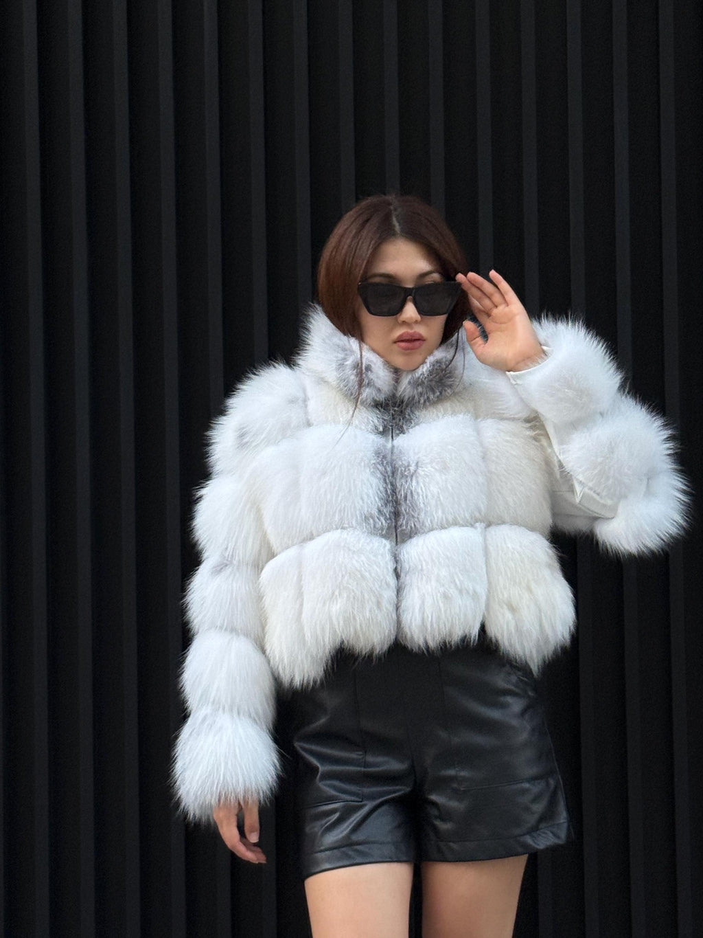 Women’s Arctic Fox Fur Jacket, Handmade Shadow White Fur Coat