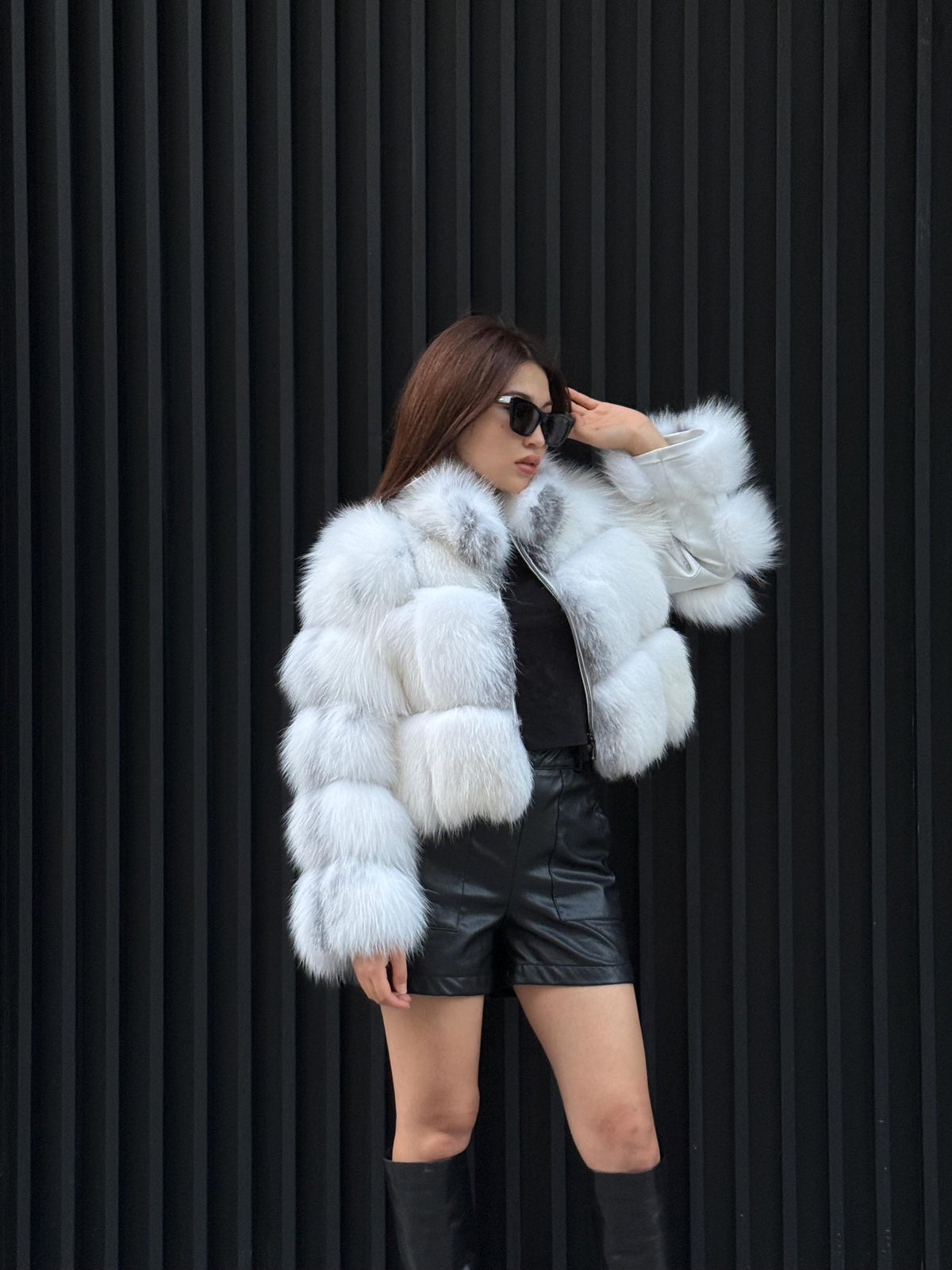 Women’s Arctic Fox Fur Jacket, Handmade Shadow White Fur Coat
