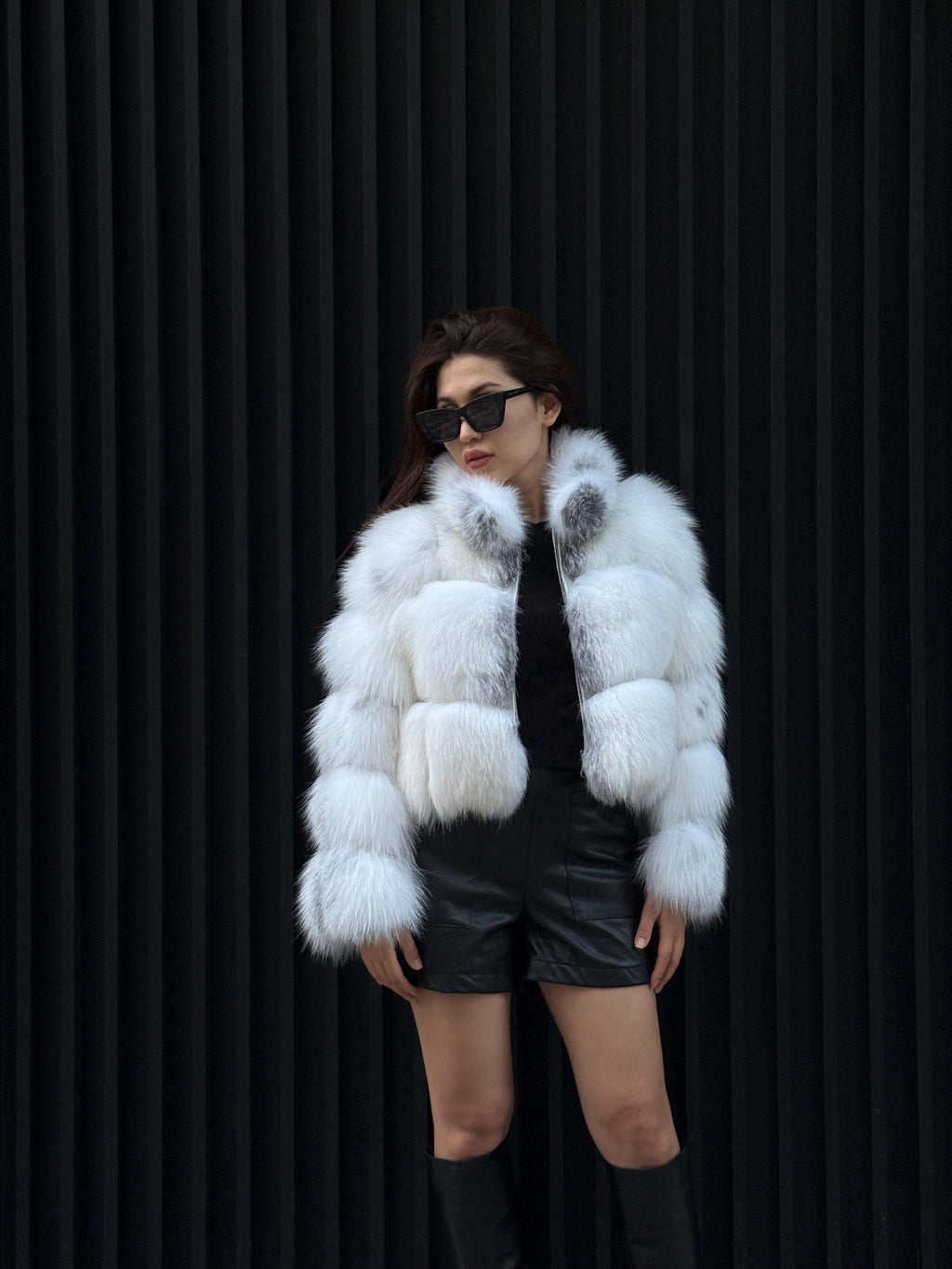 Women’s Arctic Fox Fur Jacket, Handmade Shadow White Fur Coat
