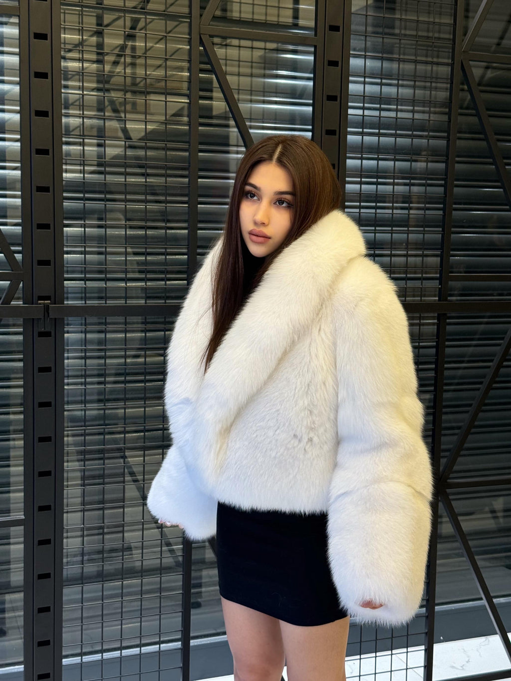 Women White Shadow Fox Fur Jacket, Luxury Handmade Short Fur Coat