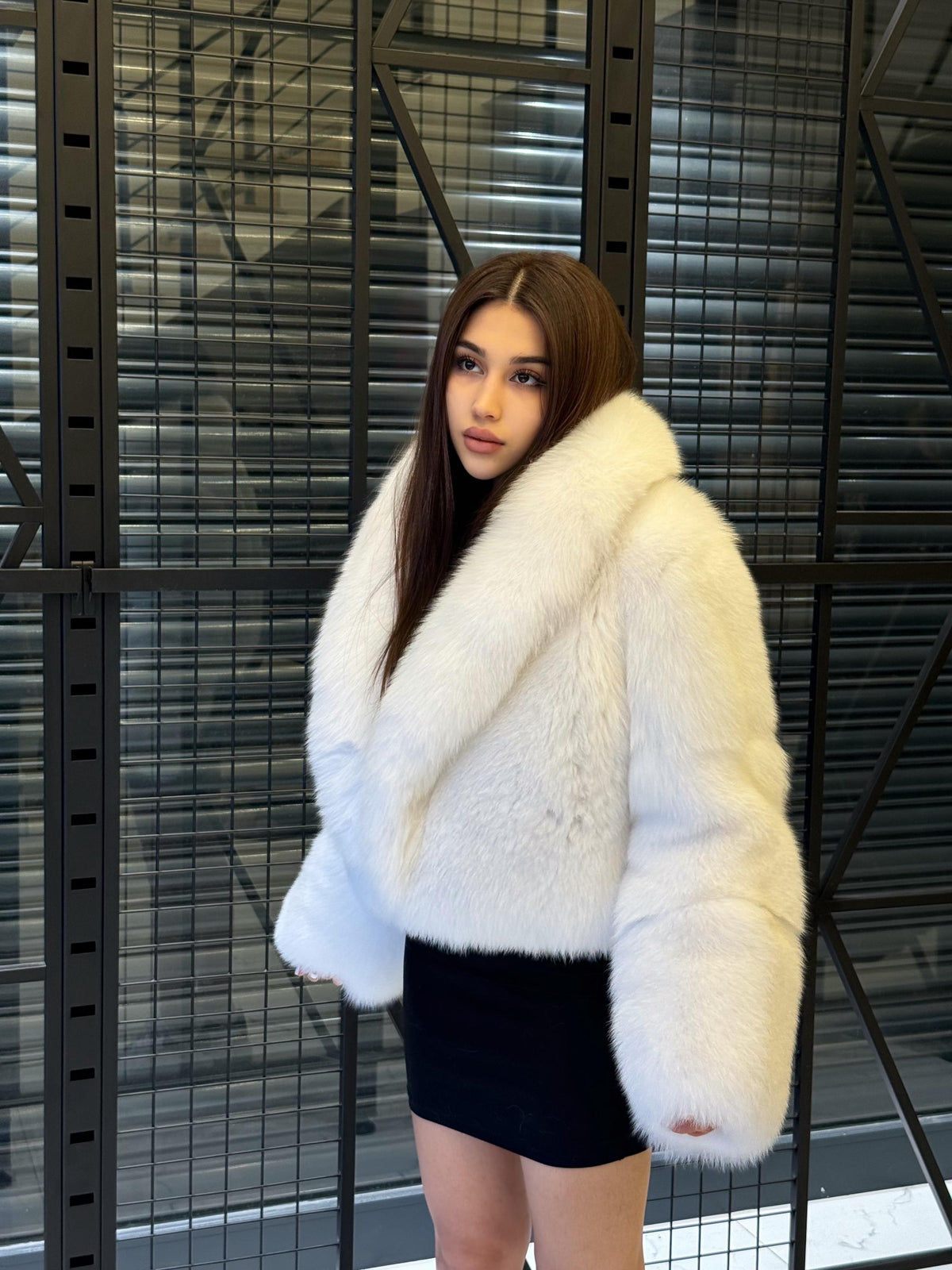 Women White Shadow Fox Fur Jacket, Luxury Handmade Short Fur Coat