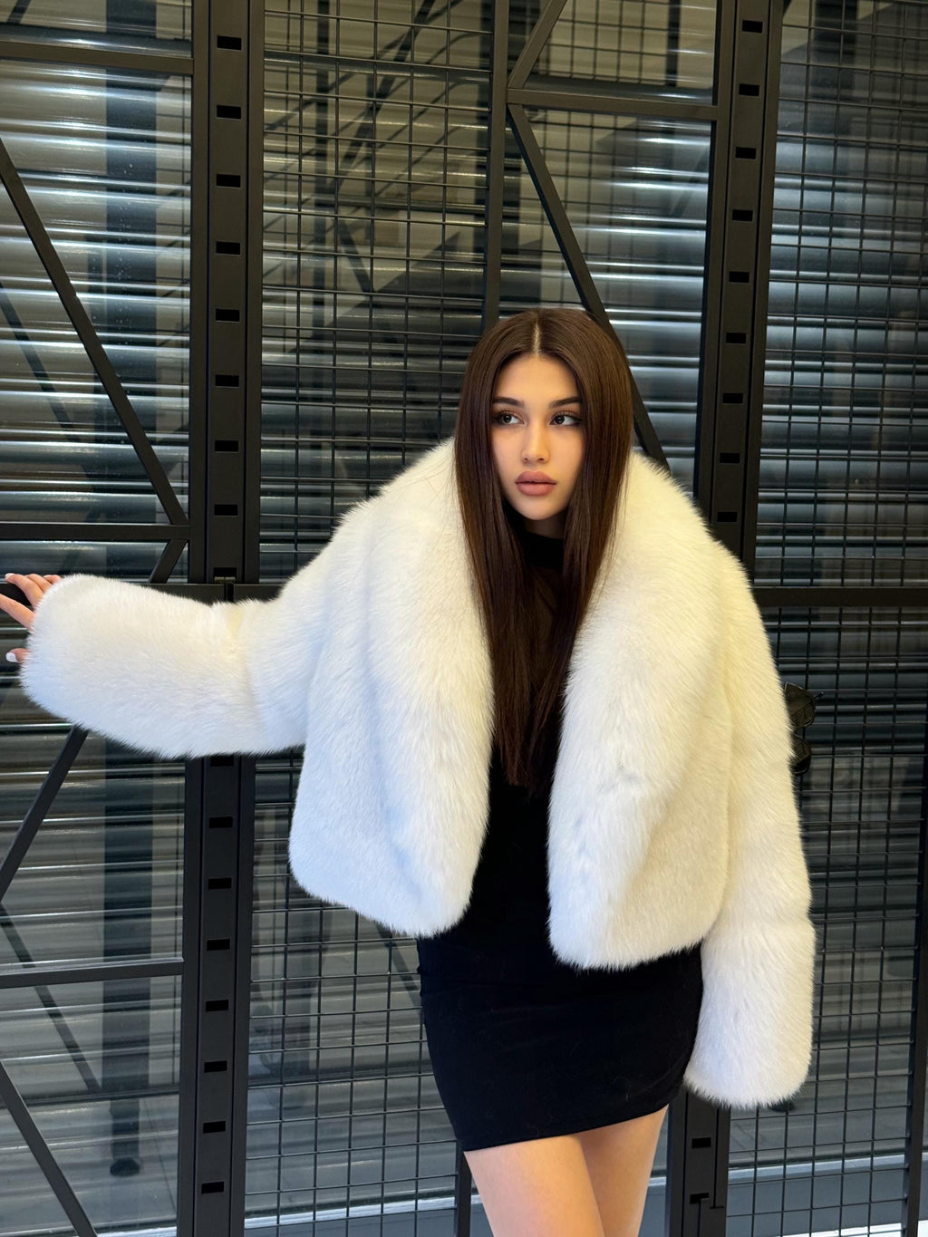 Women White Shadow Fox Fur Jacket, Luxury Handmade Short Fur Coat