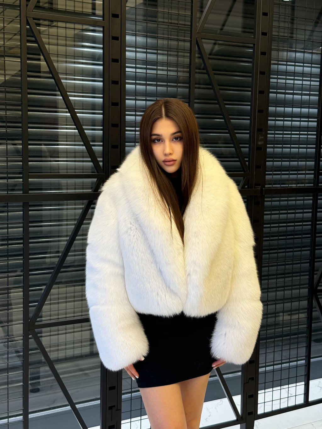 Women White Shadow Fox Fur Jacket, Luxury Handmade Short Fur Coat