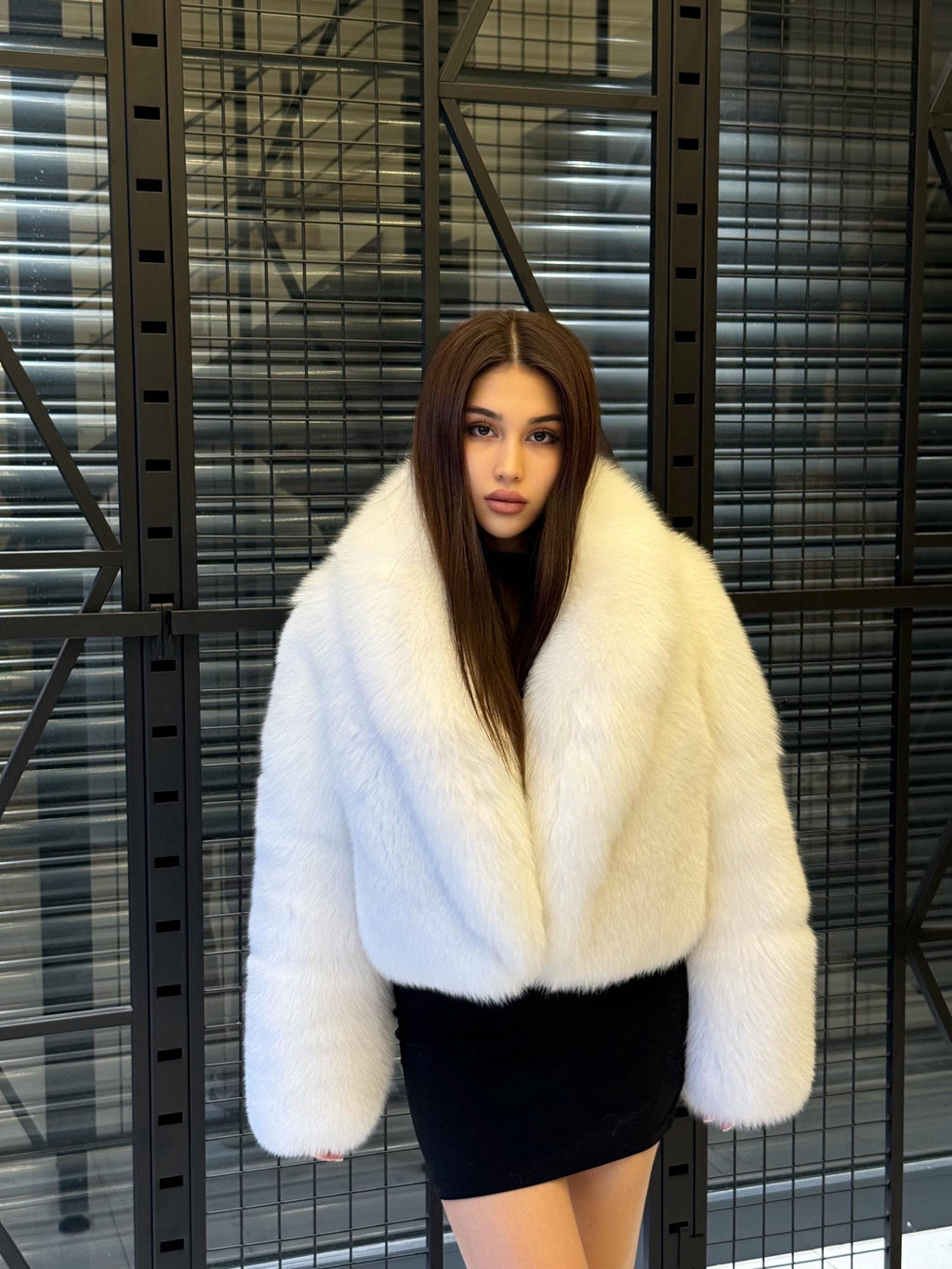 Women White Shadow Fox Fur Jacket, Luxury Handmade Short Fur Coat