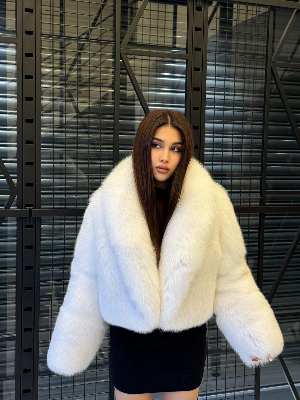 Women White Shadow Fox Fur Jacket, Luxury Handmade Short Fur Coat