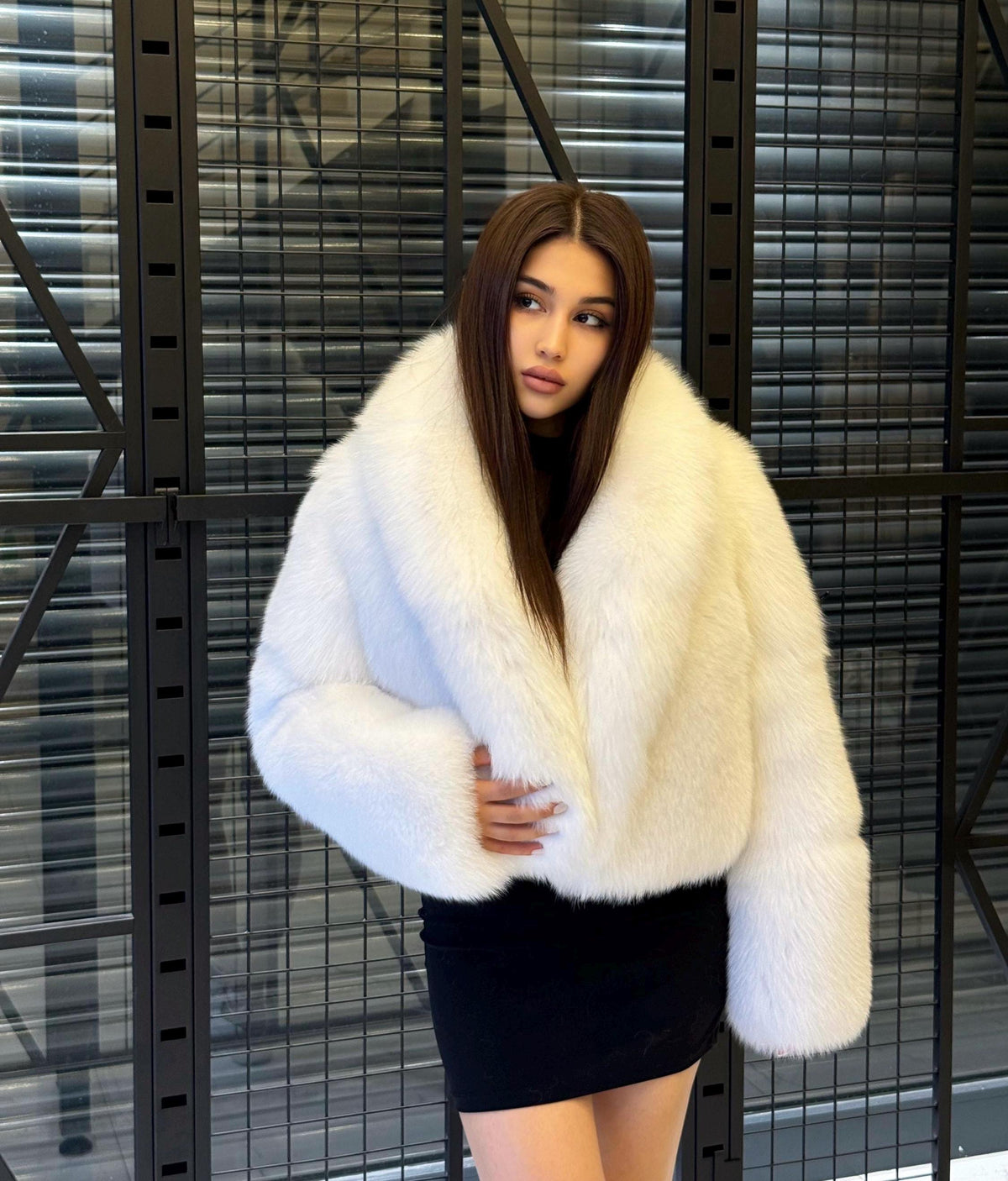 Women White Shadow Fox Fur Jacket, Luxury Handmade Short Fur Coat