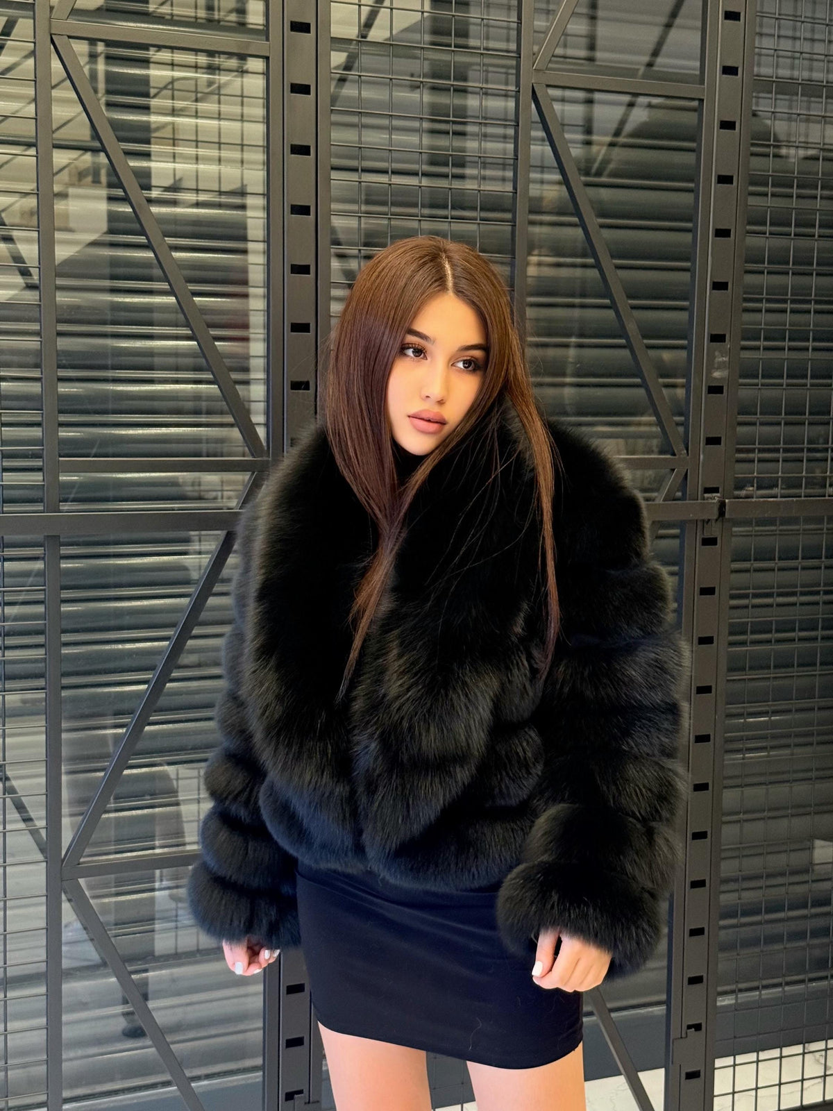 Black Fox Fur Jacket: Handmade Short With Detachable Sleeves Fur Coat For Women