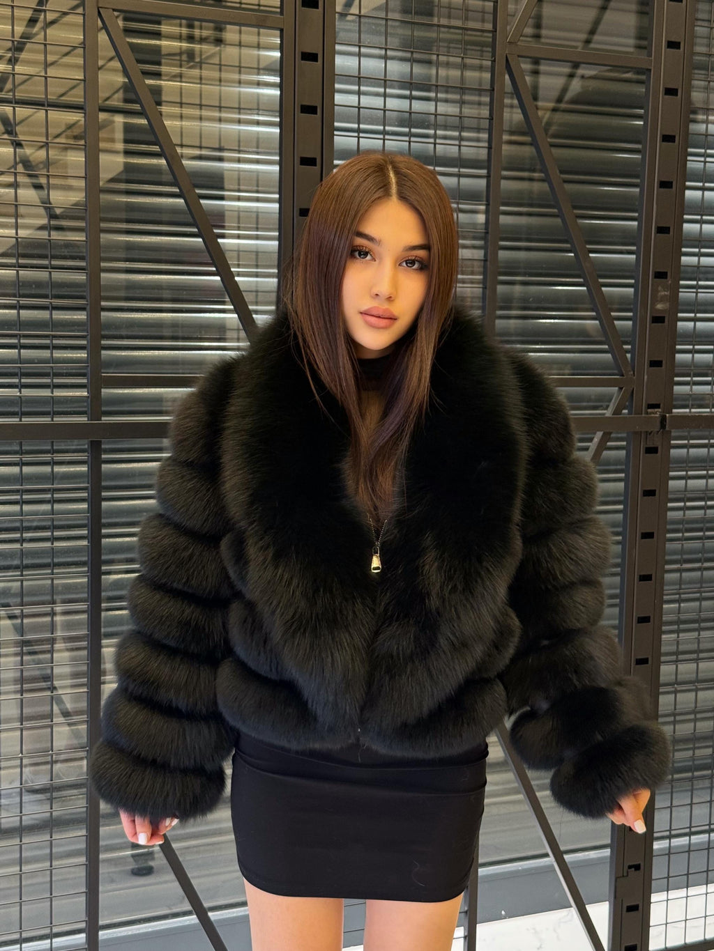 Black Fox Fur Jacket: Handmade Short With Detachable Sleeves Fur Coat For Women