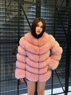 Pink Fox Fur Jacket Women | Handmade Luxury Fur Coat & Vest With Removable Sleeves
