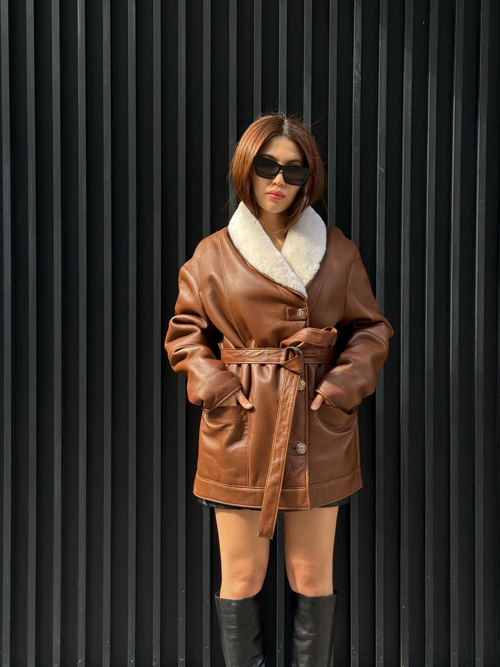 Women’s Whisky Brown Shearling Coat, Handmade Short Lambskin Jacket
