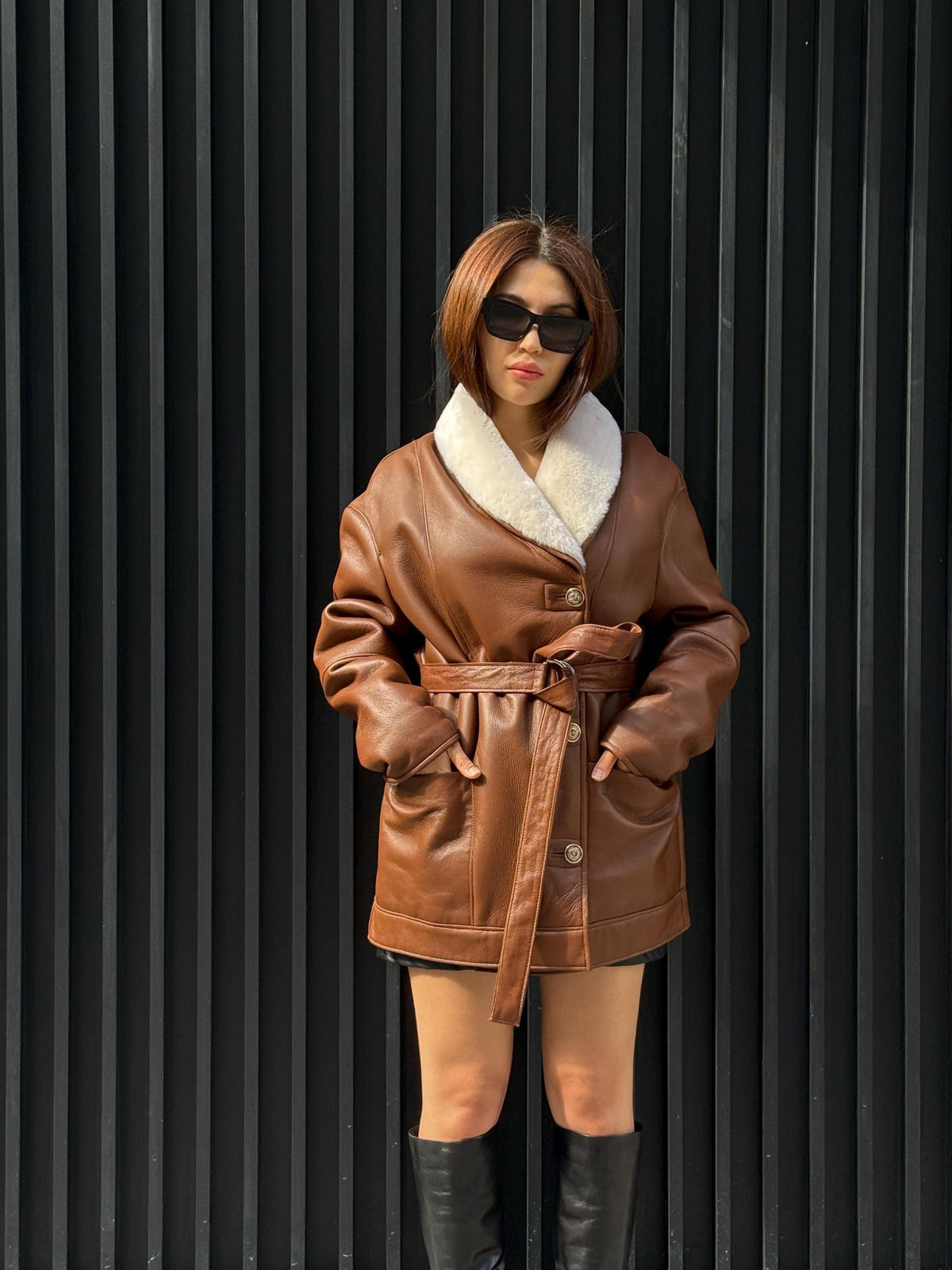 Women’s Whisky Brown Shearling Coat, Handmade Short Lambskin Jacket