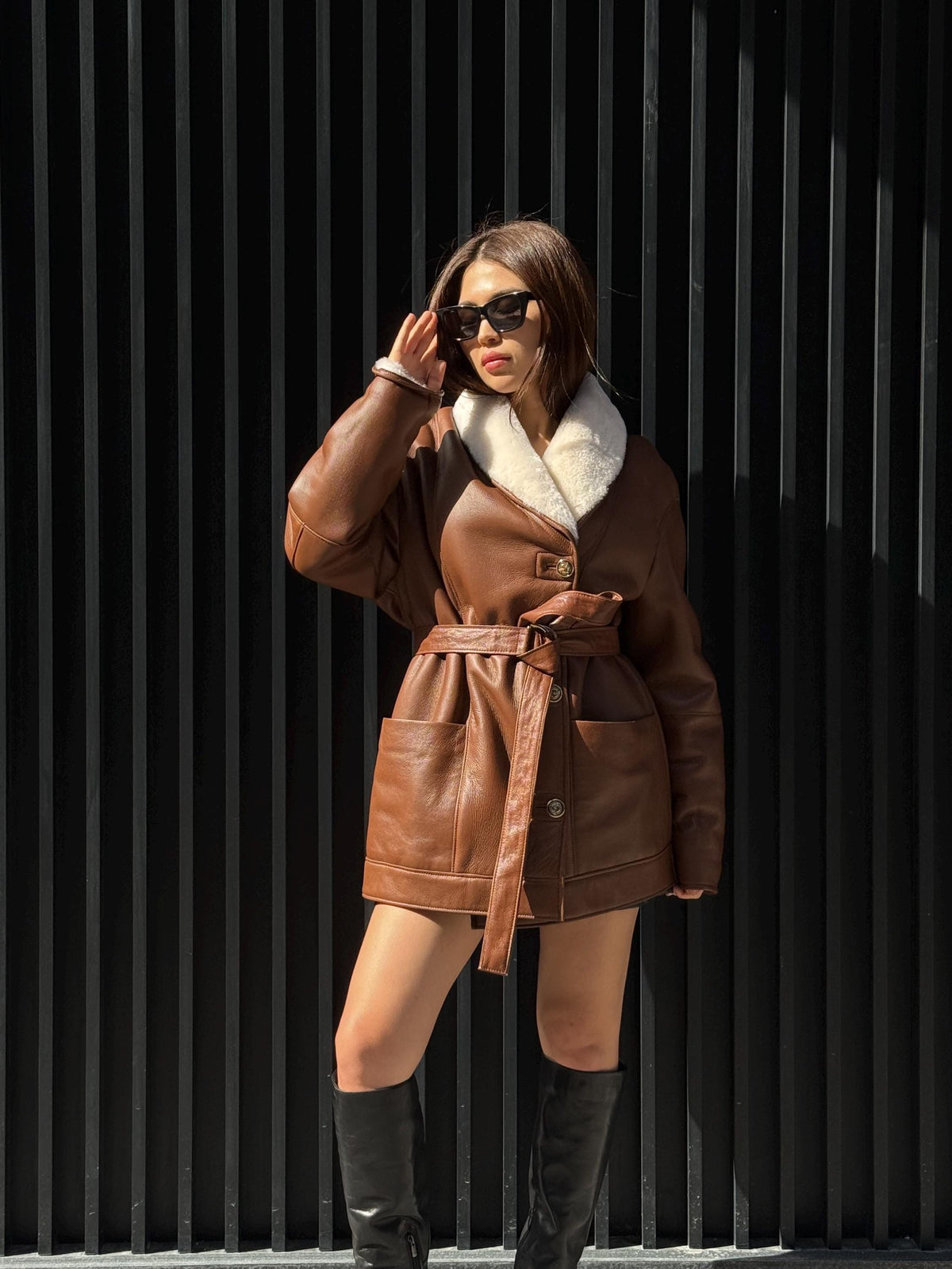 Women’s Whisky Brown Shearling Coat, Handmade Short Lambskin Jacket