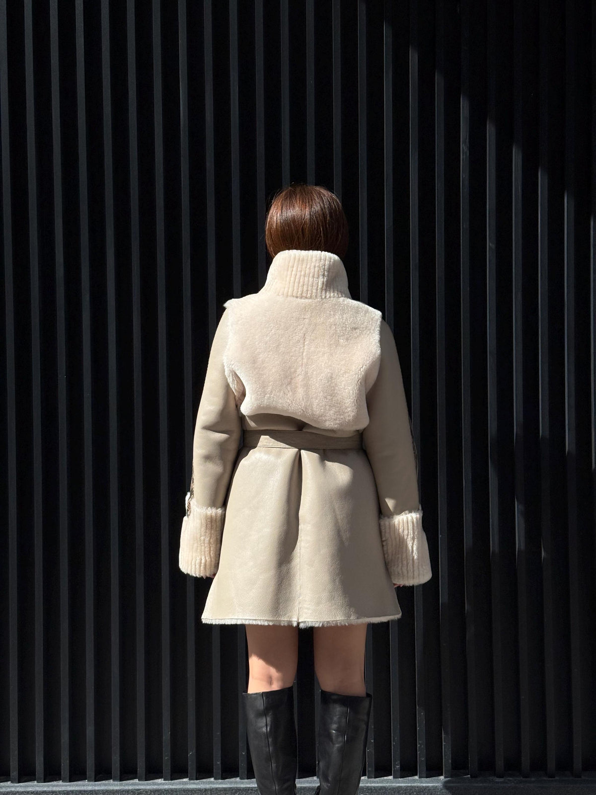 Women’s Beige Shearling Coat, Luxury Lambskin & Mouton Jacket with Python Accents