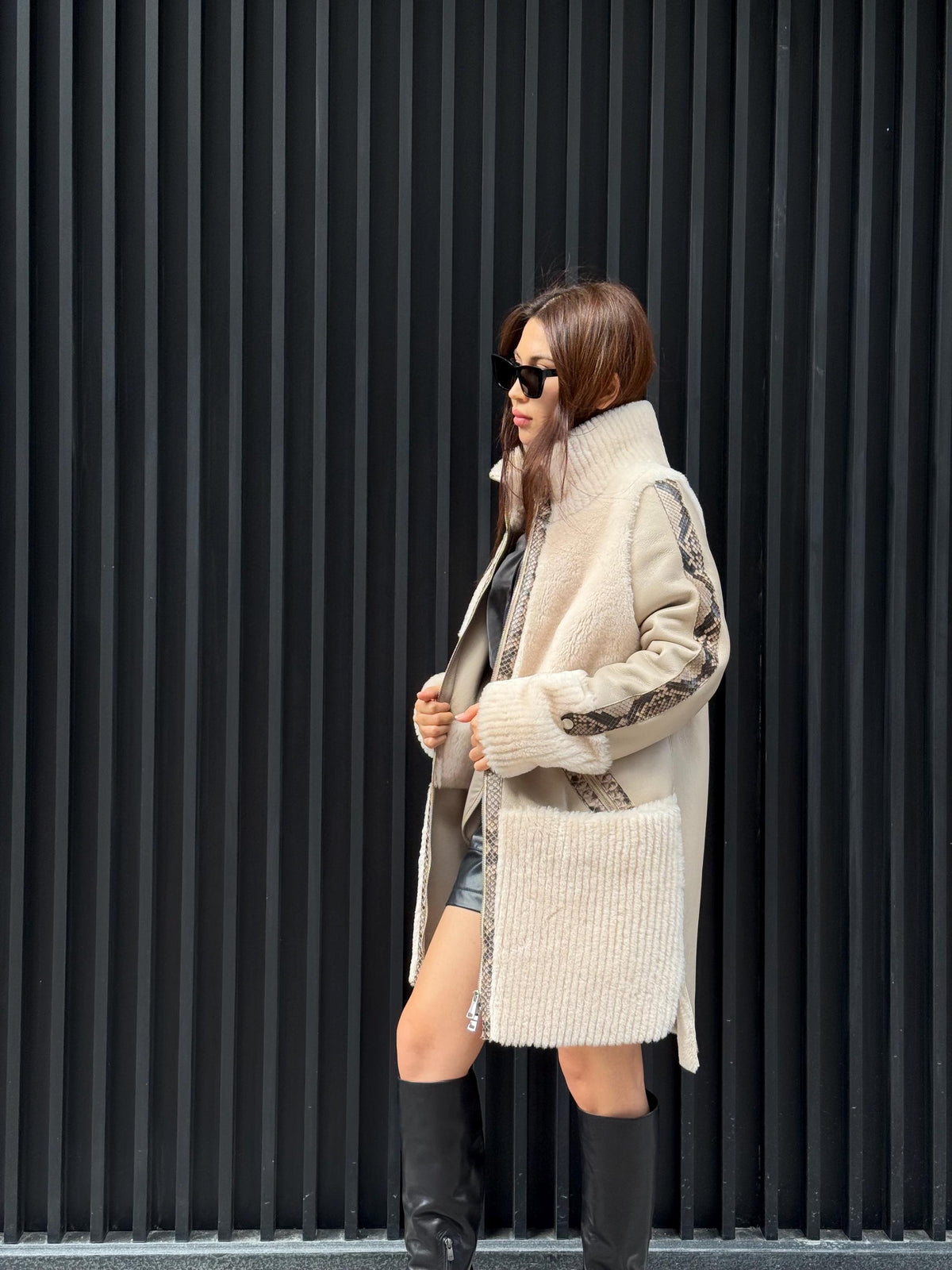 Women’s Beige Shearling Coat, Luxury Lambskin & Mouton Jacket with Python Accents