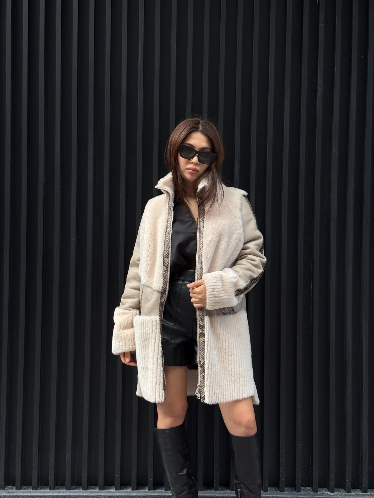 Women’s Beige Shearling Coat, Luxury Lambskin & Mouton Jacket with Python Accents