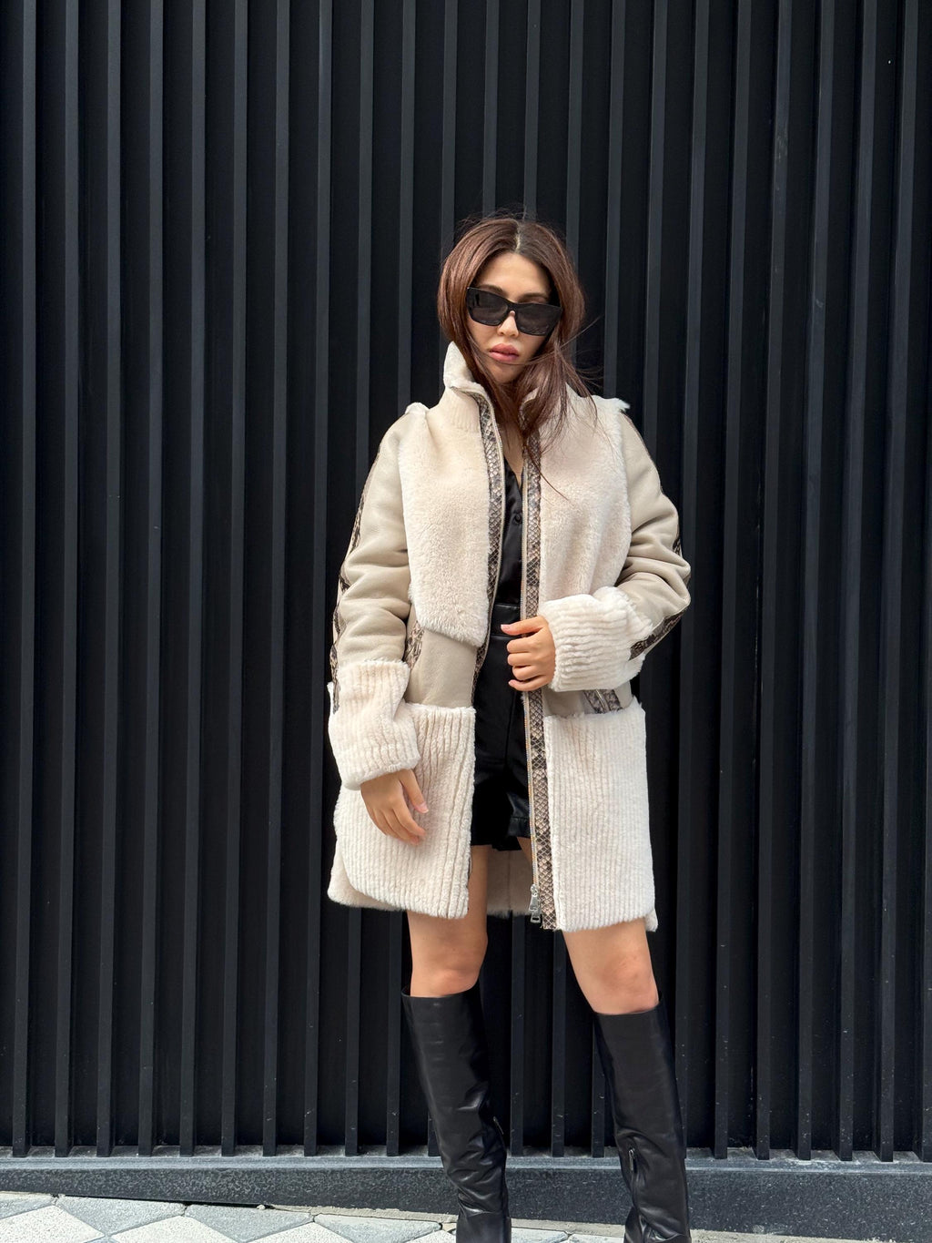 Women’s Beige Shearling Coat, Luxury Lambskin & Mouton Jacket with Python Accents