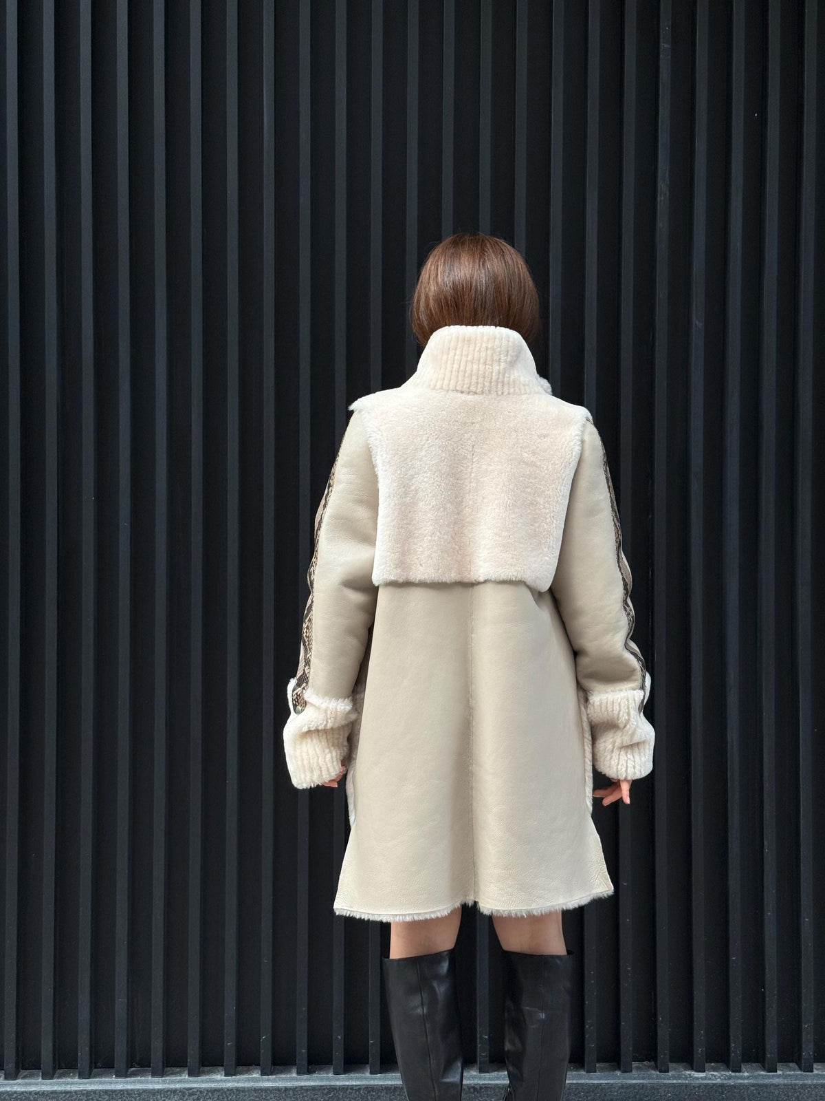Women’s Beige Shearling Coat, Luxury Lambskin & Mouton Jacket with Python Accents