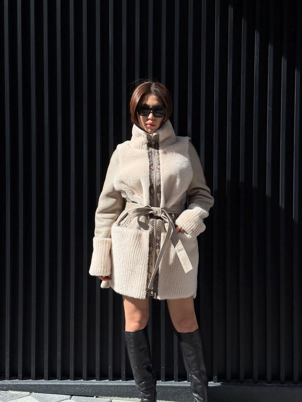 Women’s Beige Shearling Coat, Luxury Lambskin & Mouton Jacket with Python Accents