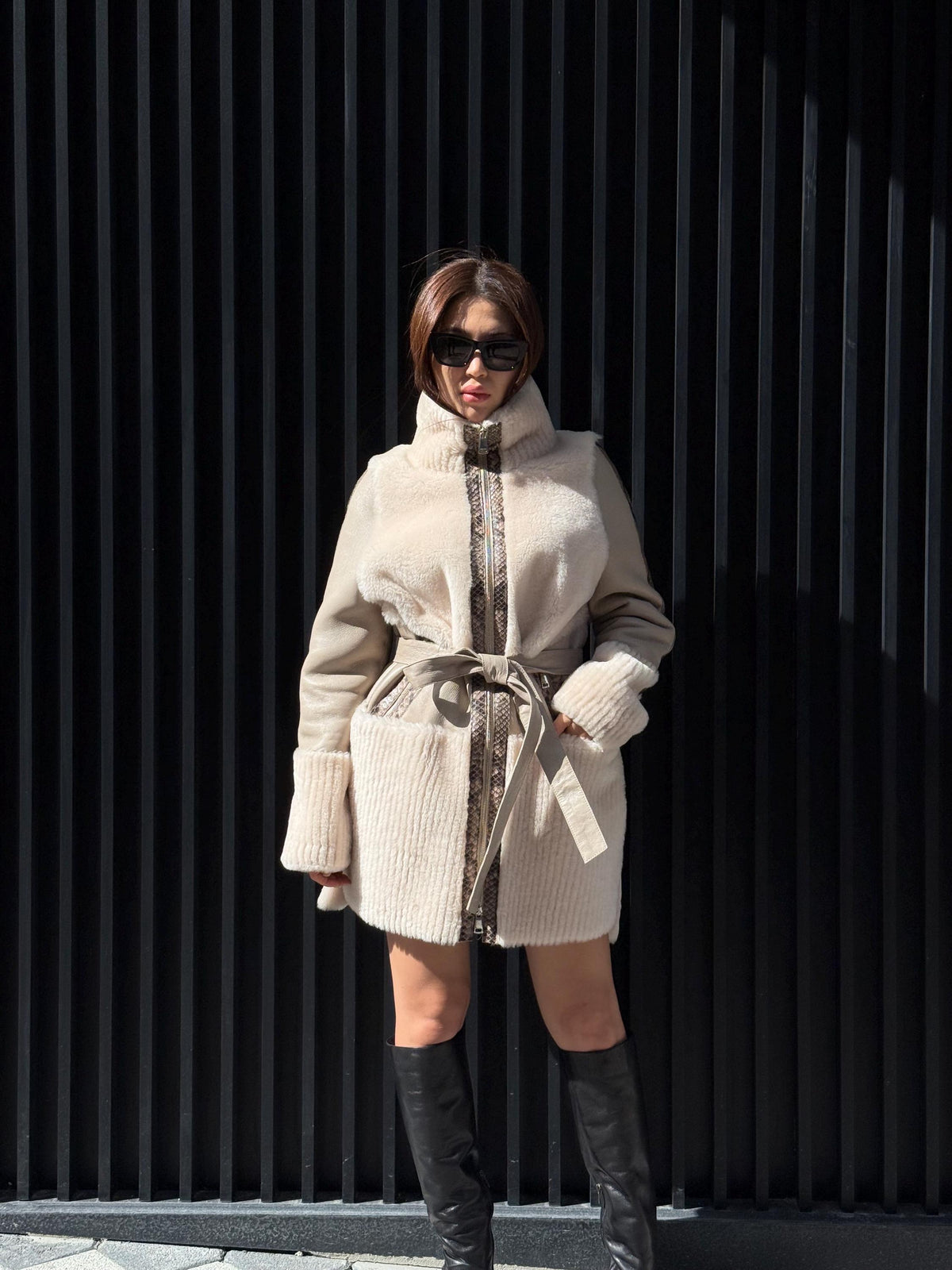 Women’s Beige Shearling Coat, Luxury Lambskin & Mouton Jacket with Python Accents